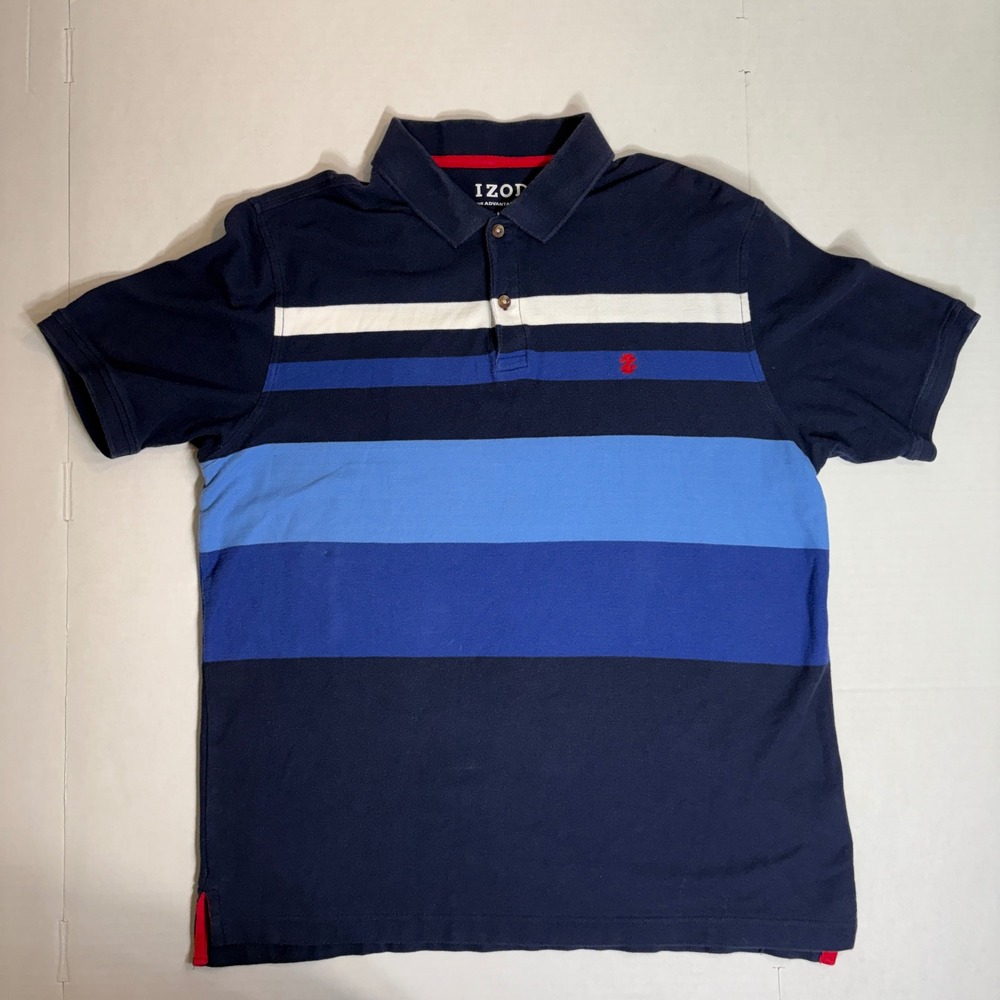 IZOD Men's M Blue Striped Advantage Performance Polo Shirt Short Sleeve Rugby